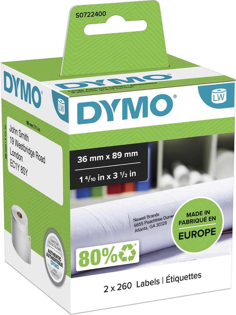 DYMO originele grote LabelWriter adreslabels | 36 mm x 89 mm | 2 rollen met elk 260 labels (520 zelfklevende etiketten) | Geschikt voor de LabelWriter labelprinters | Gemaakt in Europa