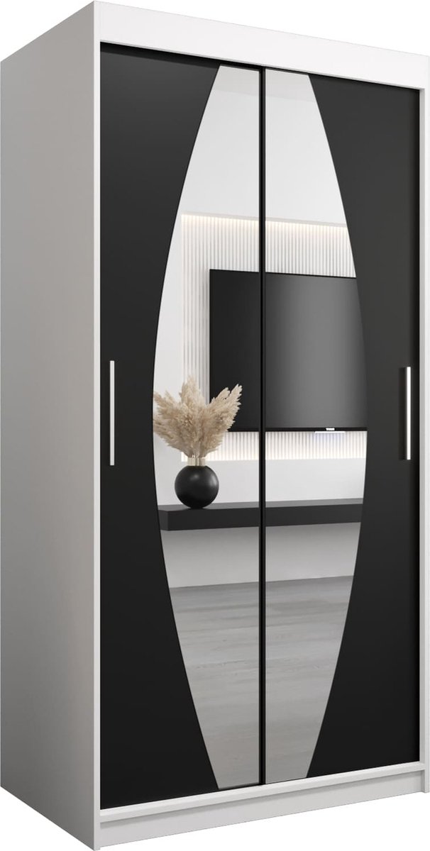 InspireME Kledingkast met 2 schuifdeuren, Modern-stijl, Een kledingkast met planken en een spiegel (BxHxD): 100x200x62 - GLOBE 100 Wit Mat + Zwart