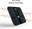 Robi S9 Pro weegschaal met display, omringd door iconen die gezondheidsanalyses weergeven.