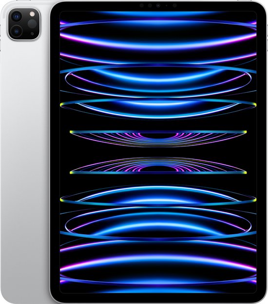 Zilverkleurige iPad Pro met dubbele camera aan de achterkant en scherm met abstracte lijnen.
