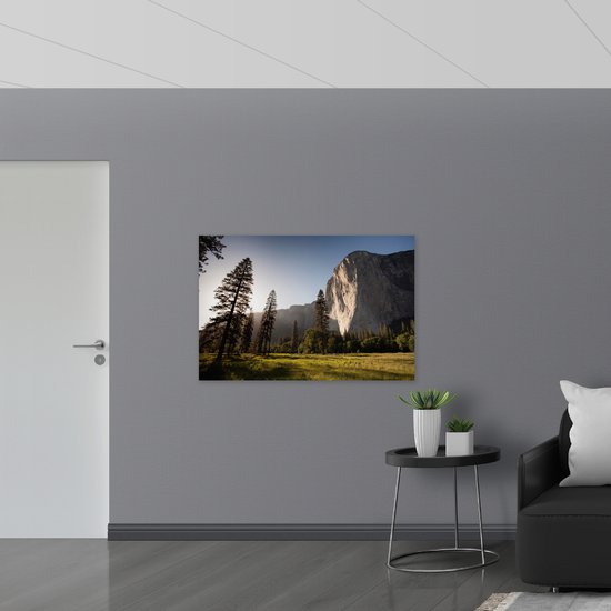 WallClassics - Panneau en mousse PVC - Champ ouvert et forêt le long d'une très haute Berg - Photo 120x80 cm sur panneau en mousse PVC