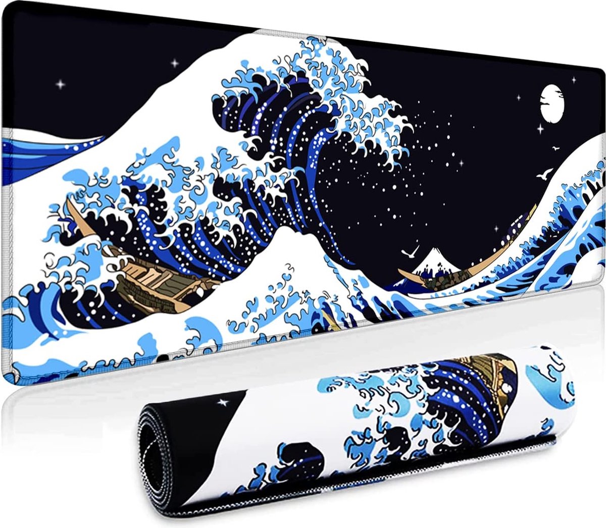 Gaming muismat XXL 800 x 300 mm Japan Art Kanagawa surfen en zwarte muismat groot genaaide randen waterdicht anti-slip voor pc, MacBook, laptop