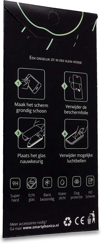 Verpakking met installatie-instructies en productkenmerken zoals 9H hardheid, waterdicht en HD-scherm.