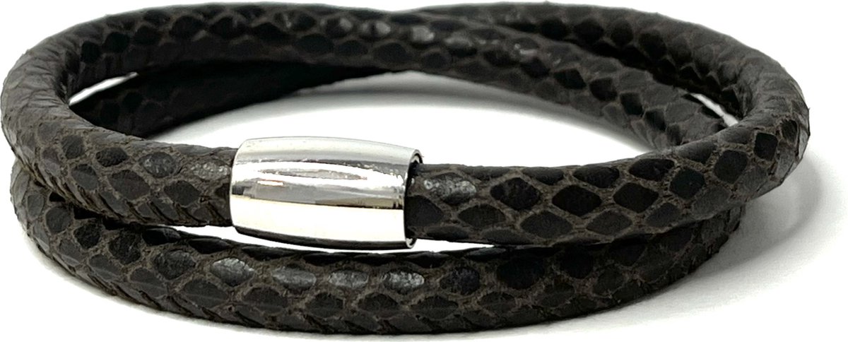 Jolla - dames wikkelarmband - staal - leer - magneetsluiting - slangenprint - Basic Steel - Donker Bruin