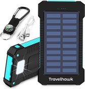 TravelHawk Powerbank - 10 000 mAh - banque d'alimentation Énergie solaire - banques d'alimentation - 2 Portes - Idéal pour voyager - Zwart - Câble et boussole inclus