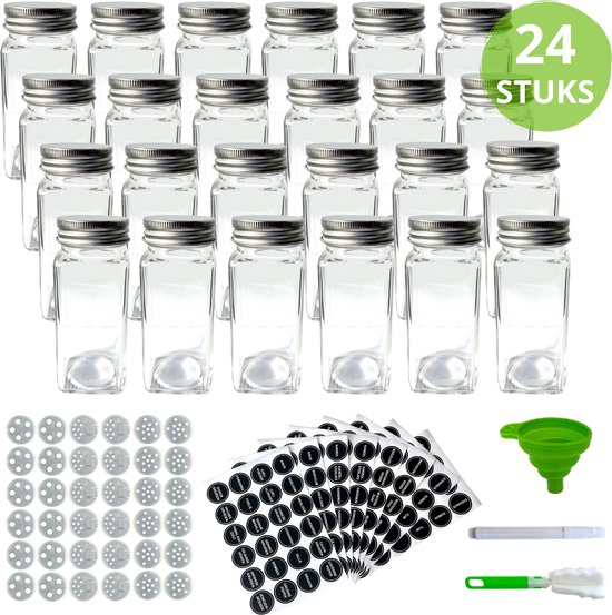 Glazen kruidenpotjes - Vierkant - 48 stuks - Zwarte dop