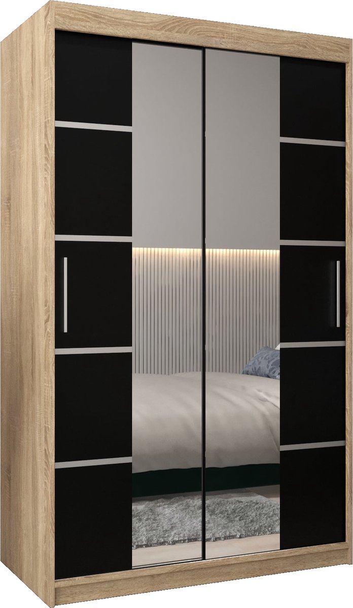 InspireME Kledingkast met 2 schuifdeuren, Modern-stijl, Kledingkast met planken (BxHxD): 120x200x62 - VENTILA IV 120 Sonoma Eik + Zwart Mat