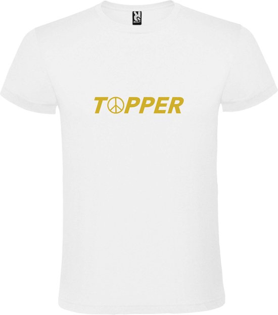 Wit T-Shirt met “ Topper met Vrede's teken “ tekst Goud Size L