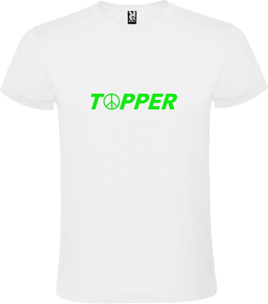Wit T-Shirt met “ Topper met Vrede's teken “ tekst Neon Groen Size XXXXL |  bol.com