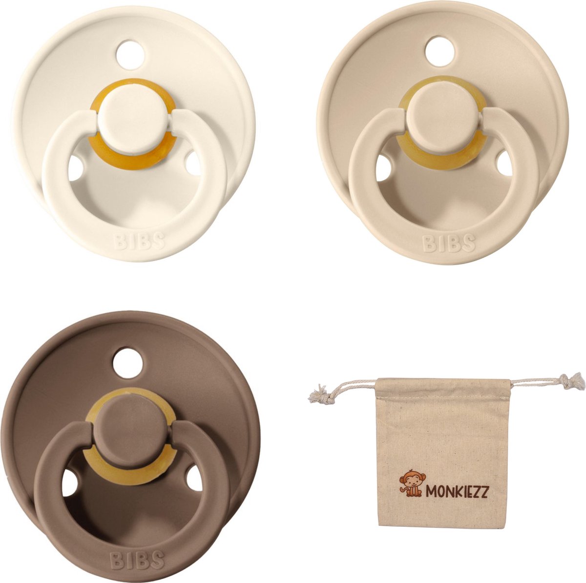 Goedkoopste Bibs fopspeen | Met Monkiezz Speenzakje - maat 1 0-6 maanden - 3 stuks - Vanilla - Dark Oak - Ivory White