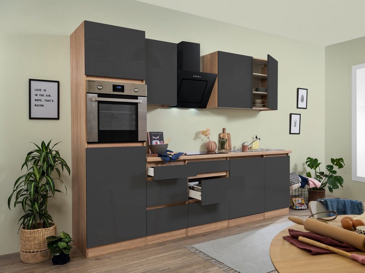 Goedkope keuken 280  cm - complete keuken met apparatuur Lorena  - Eiken/Grijs - soft close - keramische kookplaat - vaatwasser - afzuigkap - oven    - spoelbak