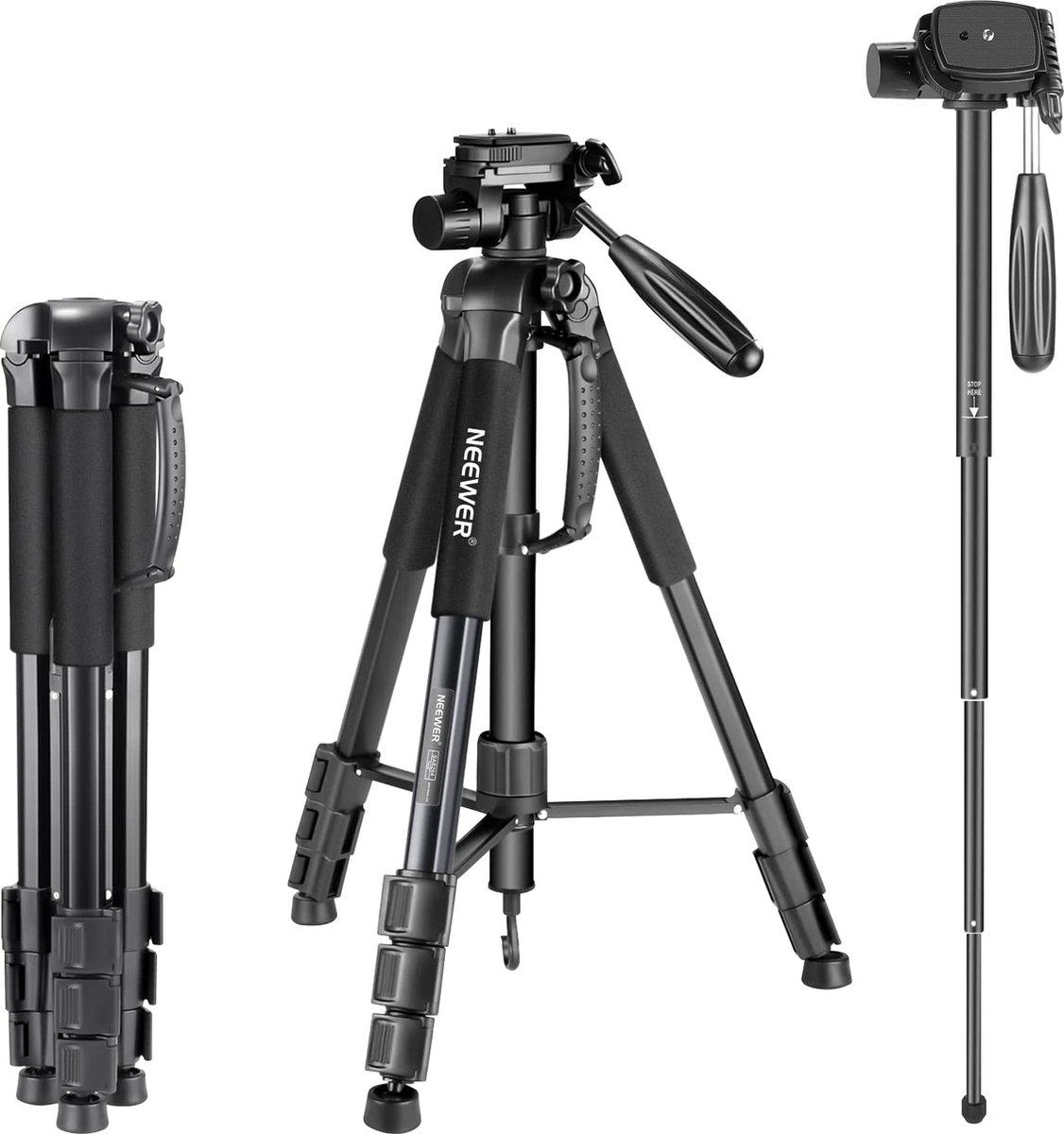 Neewer® - Draagbaar 177cm Aluminium Camera Statief Monopod met 3-Way Rotatie - Scharnier Pan Head voor DSLR Camera Zwart
