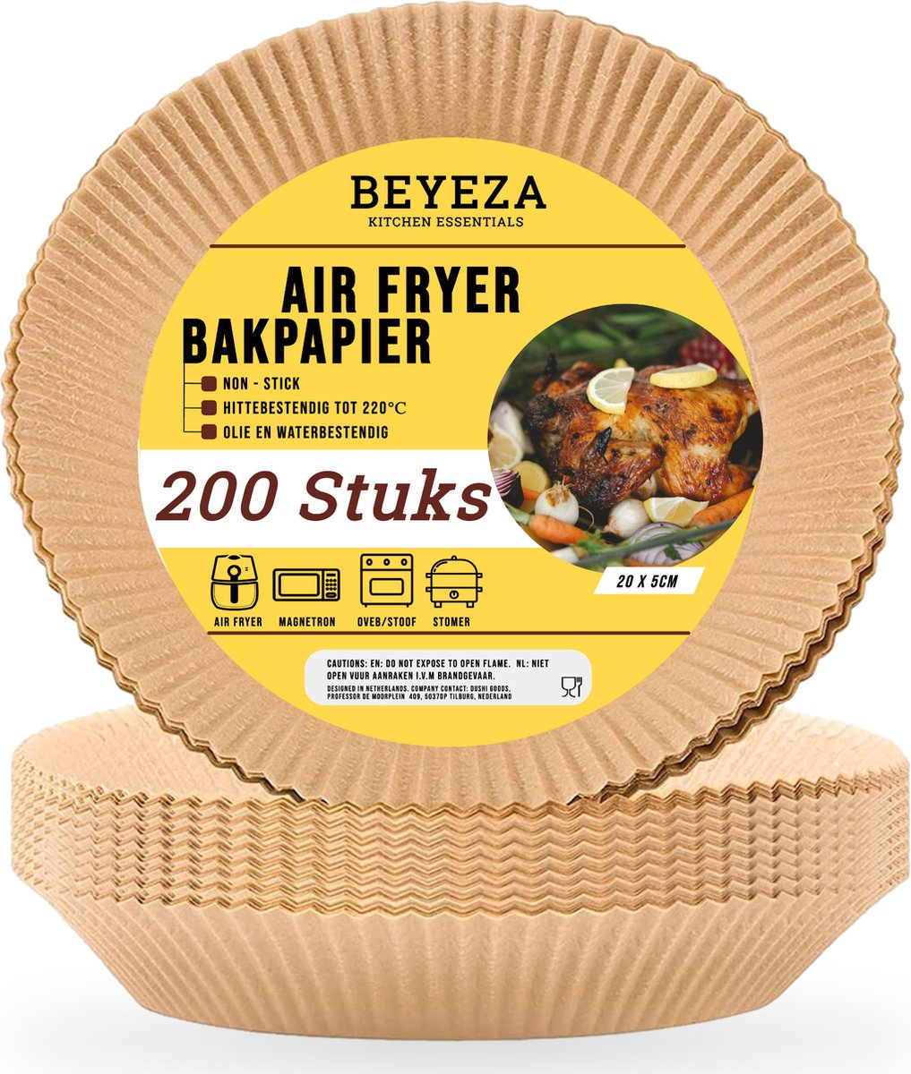 Beyeza Airfryer XL en XXL Bakpapier – Airfryer Accesoires – 20 tot 23 cm – Wegwerpbakjes – Papier Bakjes – 200 Stuks