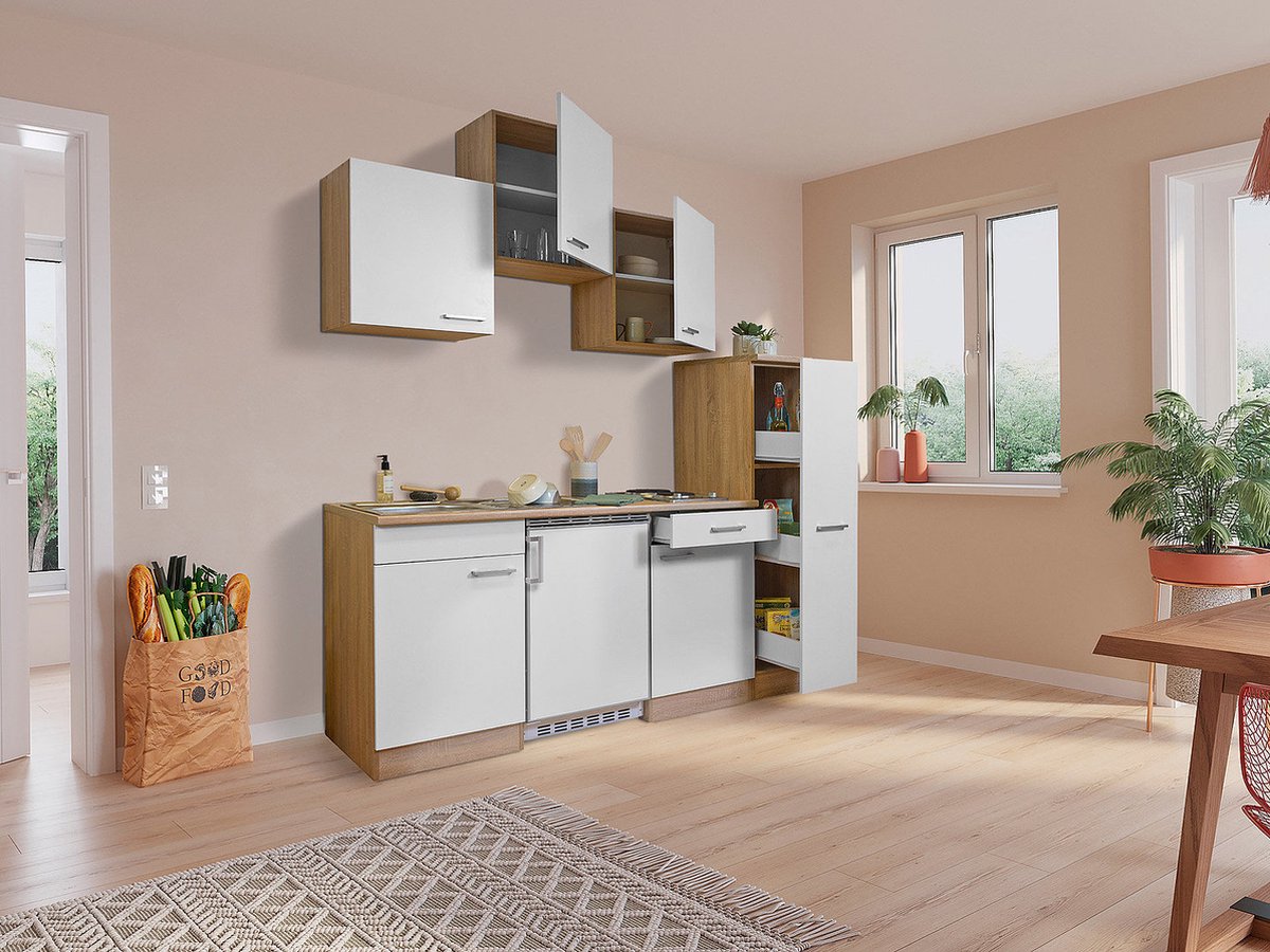 Goedkope keuken 180 cm - complete kleine keuken met apparatuur Luis - Eiken/Wit - elektrische kookplaat - koelkast - mini keuken - compacte keuken - keukenblok met apparatuur
