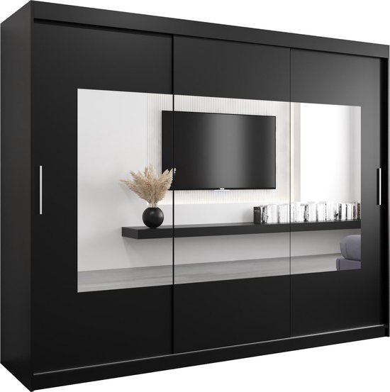 InspireMe - Kledingkast met 3 schuifdeuren, Modern-stijl, Een kledingkast met planken en een spiegel (BxHxD): 250x200x62 - TRINA 250 Zwart Mat