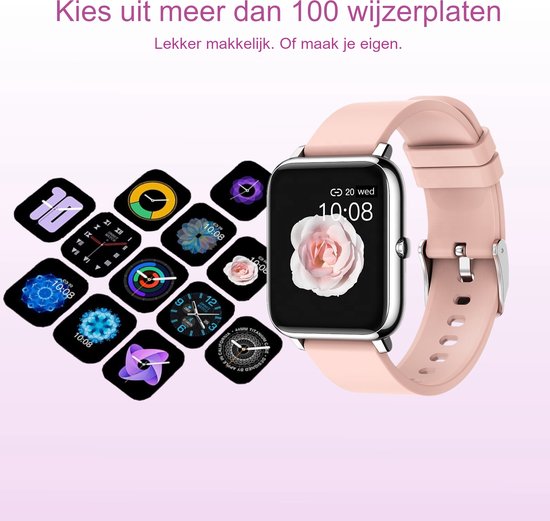 Belesy® HUNDRED - Smartwatch Dames - Smartwatch Heren - Horloge - 1.3 inch - Kleurenscherm - Full Touch - Stappenteller - Multi Sport - 100+ Watchfaces - Siliconen - Roze