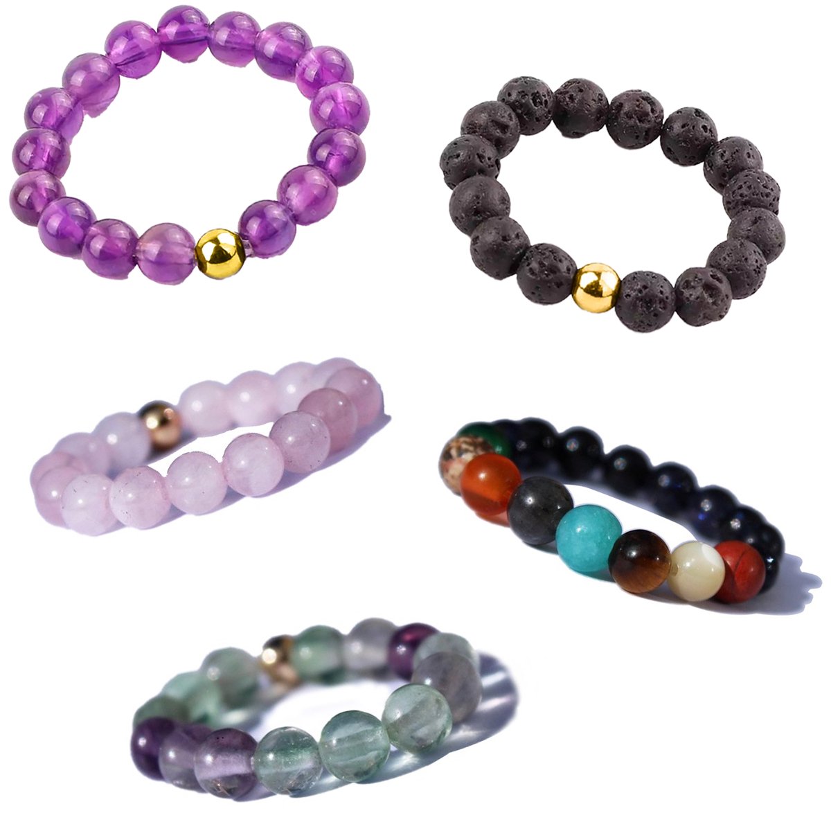 Bixorp Gems Edelstenen Ringen Set Planeten + Lavasteen + Rozenkwarts + Amethist + Fluoriet - Kralenring
