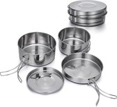 Batterie de Cuisine Camping 4 pièces - Batterie de Cuisine Extérieure - Acier Inoxydable - Ultra Compacte & Légère (450g) - Ensemble de Cuisson Extérieur pour 1-2 Personnes - Poignées Pliables - pour Camping & Backpacking - Argent