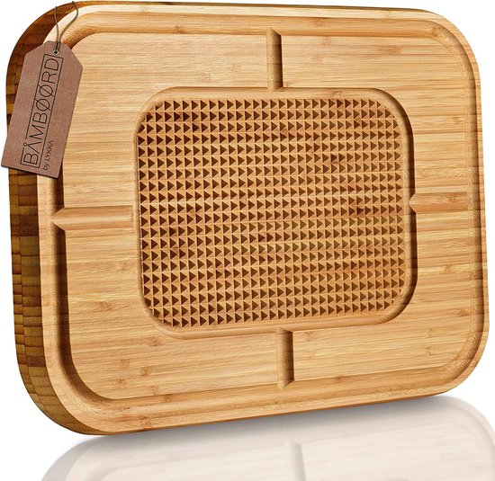 Lacers PurpleLine - Snijplank van hout met sapgoot, schaakpatroon, rubberhout, antislipvoeten, keukenplank, 255 x 385 x 20 mm, robuust en milieuvriendelijk, perfect voor vlees, groenten en brood