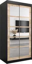 InspireMe - Kledingkast met 2 schuifdeuren, Modern-stijl, Een kledingkast met planken en een spiegel (BxHxD): 100x200x62 - VENEZIA II 100 Zwart Mat + Sonoma Eik
