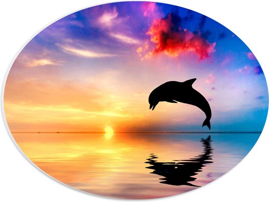 WallClassics - PVC Schuimplaat Ovaal - Silhouet van Dolfijn bij Ondergaande Zon in het Water - 40x30 cm Foto op Ovaal  (Met Ophangsysteem)