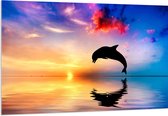 WallClassics - Acrylglas - Silhouet van Dolfijn bij Ondergaande Zon in het Water - 150x100 cm Foto op Acrylglas (Met Ophangsysteem)