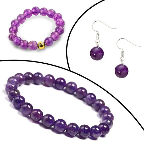 Bixorp Gems Set de Bijoux en pierres précieuses Améthyste - Ring + Bracelet + Boucles d'oreilles d'oreilles - Cadeau pour Noël - Cadeau pour Saint Nicolas - Cadeau pour Cheveux