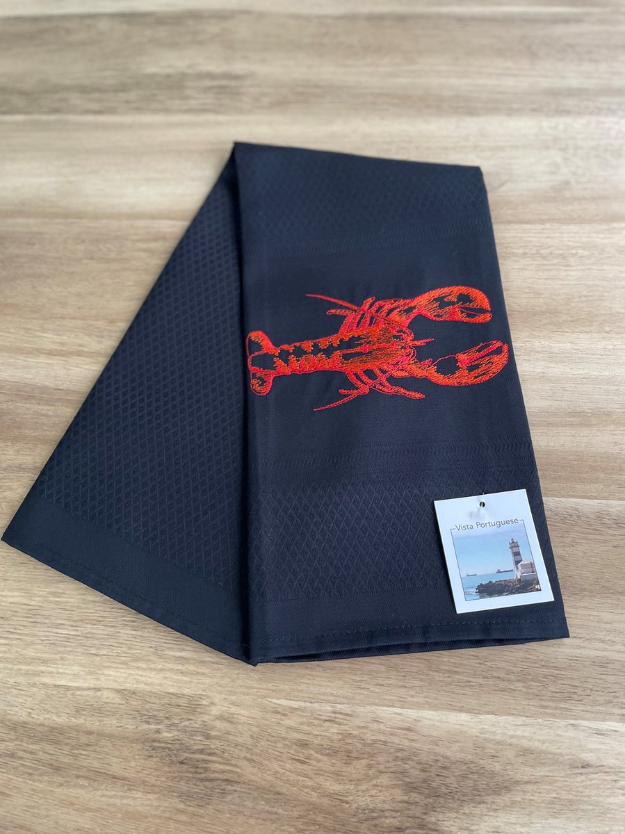 Set van 2 geborduurde theedoeken - kreeft - hotelkwaliteit - katoen - keukendoek - zwart OP=OP