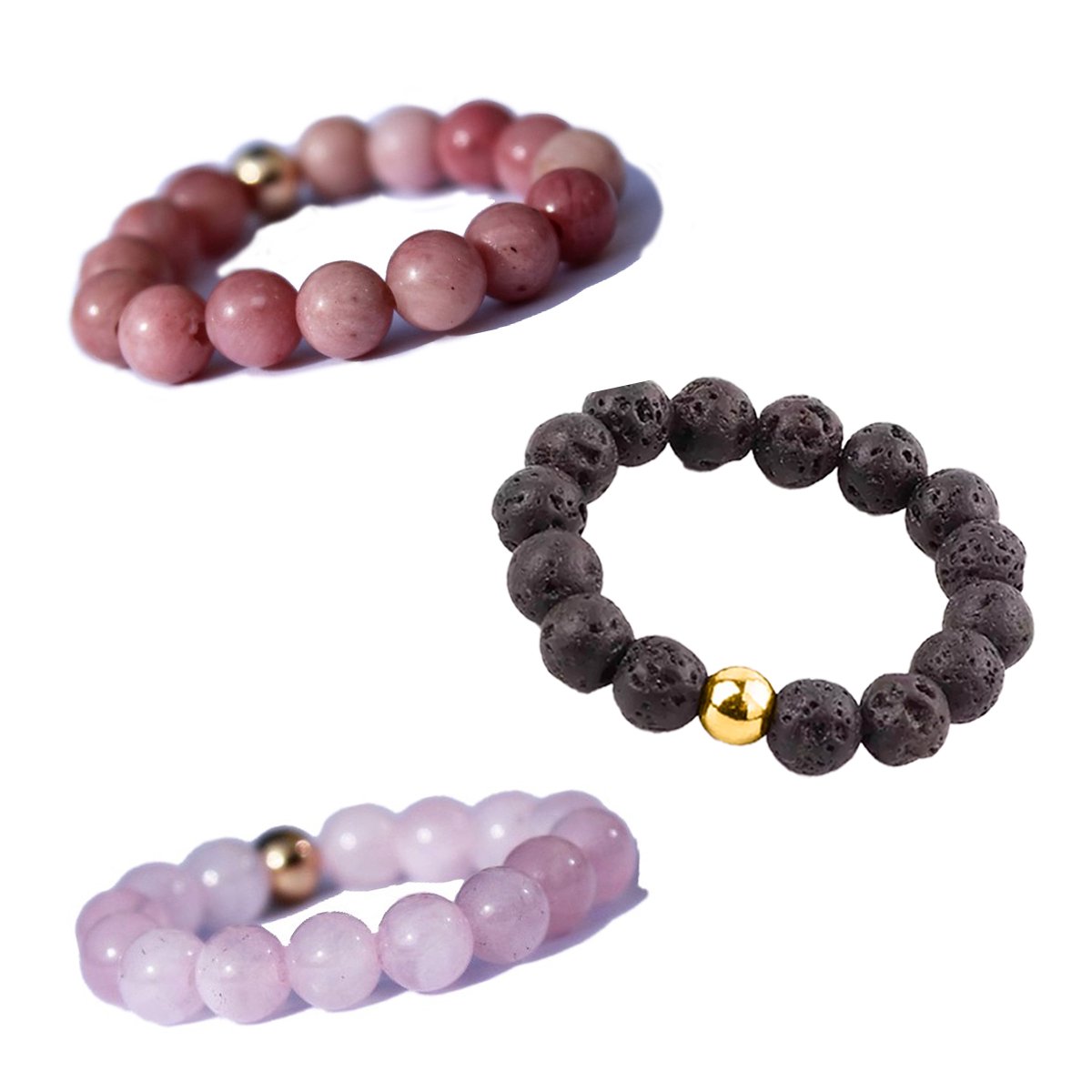 Bixorp Gems Edelstenen Ringen Set Rhodoniet + Lavasteen + Rozenkwarts - Kralenring