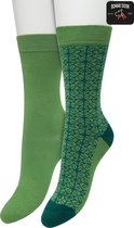 Bonnie Doon Dames Sokken set Groen maat 36/42 - 2 paar - Effen en Print - Gladde Naden - Brede Boord - Uitstekend Draagcomfort - Perfecte Pasvorm - 2-pack - Multipack - Effen - Mini Tile - Trekking Green - Loden Frost - OL221502.380