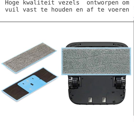 Grijze microfiber dweilpads, één met blauwe rand, met een deel dat aan de robot bevestigd wordt.
