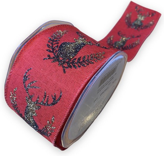 Foto: Kerstlint eland 1 stuk lengte 5 m breedte 60 mm merry christmas rood lint met ijzerdraad kerstlint met glitters cadeaulint luxe lint cadeauversiering kerstversiering inpakken