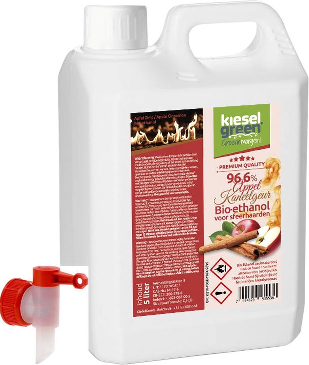 KieselGreen 5 Liter Bio-Ethanol met Kaneel/Appel Aroma - Bioethanol 96.6%, Veilig voor Sfeerhaarden en Tafelhaarden, Milieuvriendelijk - Premium Kwaliteit Ethanol voor Binnen en Buiten