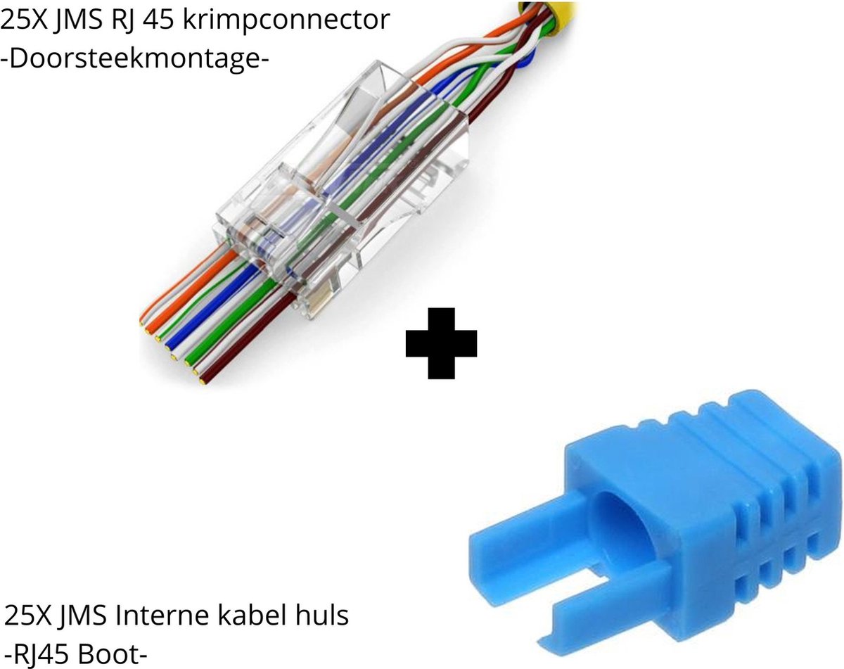 25x JMS® RJ45 EZ Type Krimp Connector Met Doorsteekmontage Voor CAT5, CAT5e en CAT6 UTP Netwerkkabel PLUS 25x JMS Interne Kabel Huls - RJ45 Boot - Cable Boot - Tule Voor RJ45 Connector Blauw