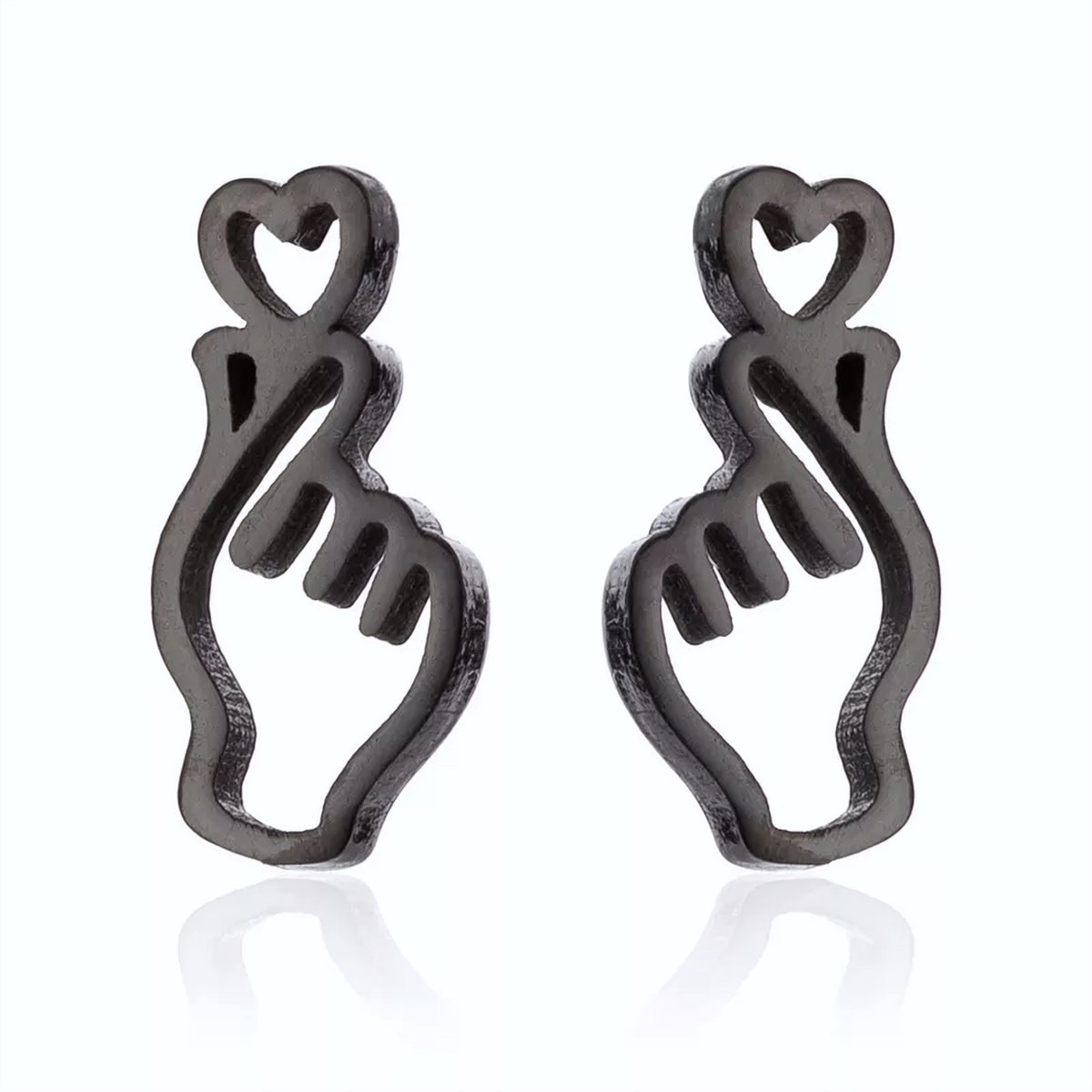 DAEBAK Koreaanse Vinger Hart Vorm Oorbel Koreaan Roestvrije Staal Korean Verguld [ZWART] Non Tarnish PVD Plated 18K Gold Silver Women Stainless Steel Finger Heart Stud Earring Jewelry