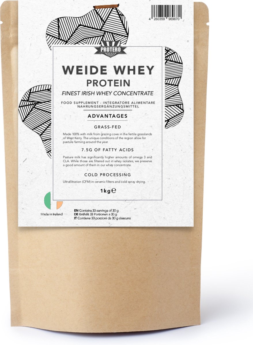Proteroco - 100% natuurlijk - 1kg - Pure proteïne eiwit concentraat - whey poeder - grasgevoerde ierse koeien