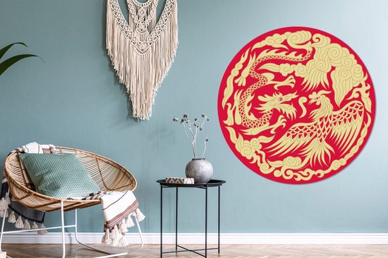Illustration Zwart et blanc d'un dragon chinois cercle mural aluminium ⌀ 60  cm 