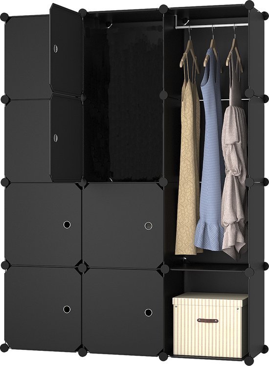 Lowander 3x4 vakkenkast 'Padova' zwart 111x148 cm - kunststof kledingkast met hangruimte / roomdivider afsluitbaar