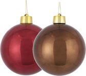 Grote kunststof kerstballen 20 cm - set 2x st - bruin en donkerrood