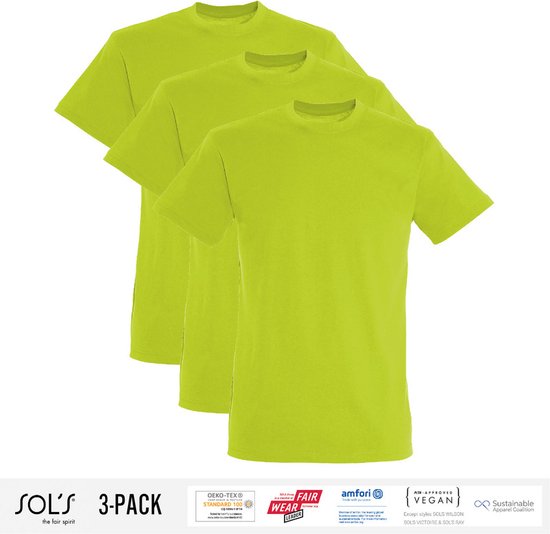 3 Pack Sol's Heren T-Shirt 100% biologisch katoen Ronde hals Appelgroen Maat L