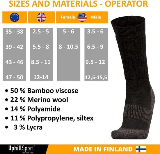 UphillSport Operator Tactical Sokken Merino Bamboe Dik Zwart Unisex Sock Kuit