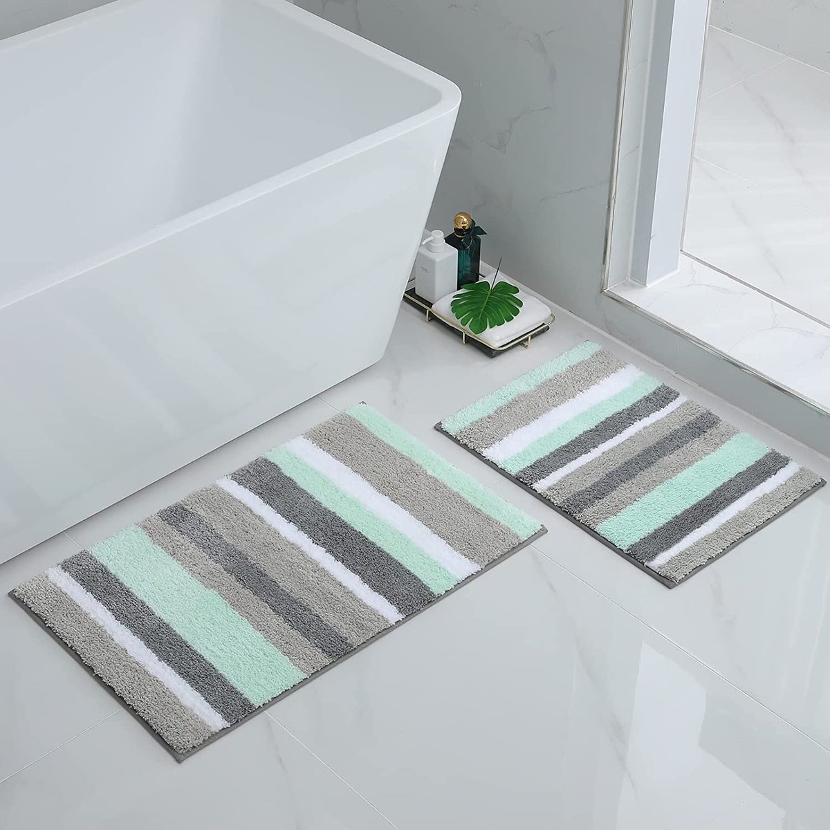 Homaxy Antislip badmatten, set van 2 stuks, microvezel, absorberende badmatset, zacht, hoogpolig, badmatset, 40 x 60 cm + 50 x 80 cm, groen/grijs