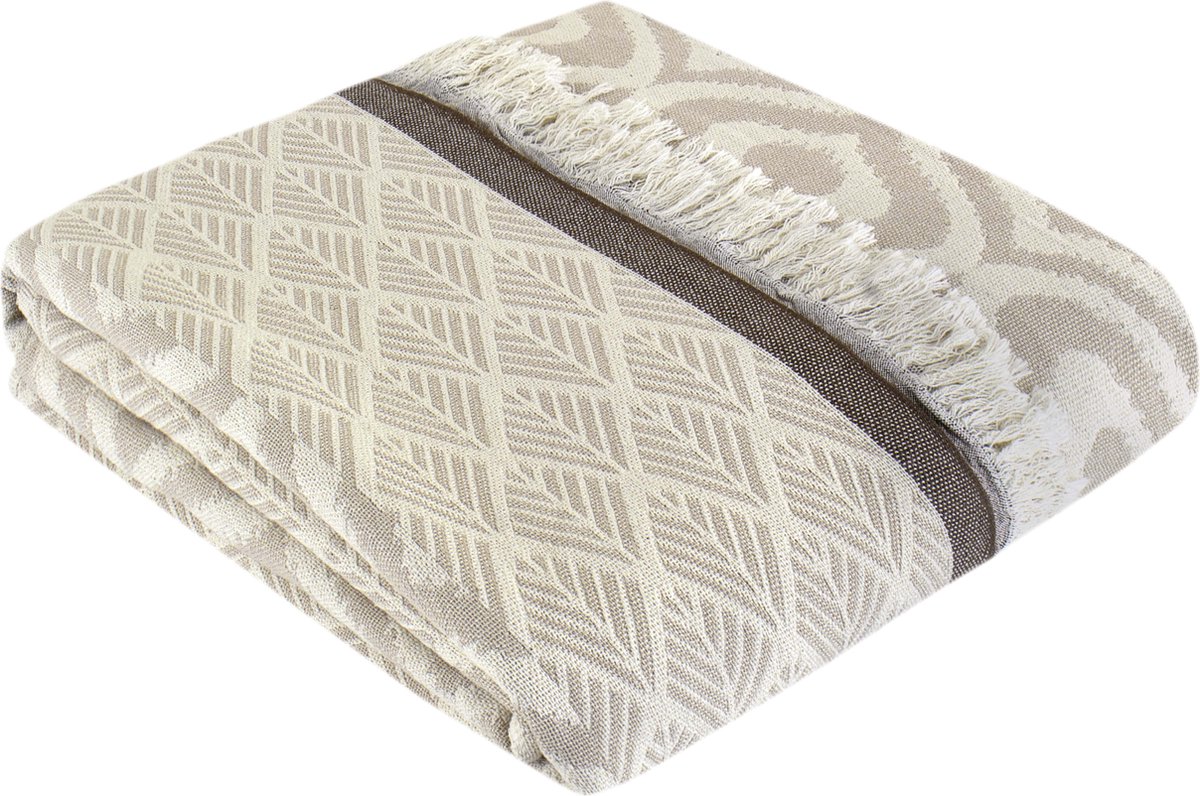 Trimita Plaid Katoen 135x170 cm - Zachte Woonplaid met Jacquard - 100% Turks Katoen - Beige/Koffie - OEKO-TEX