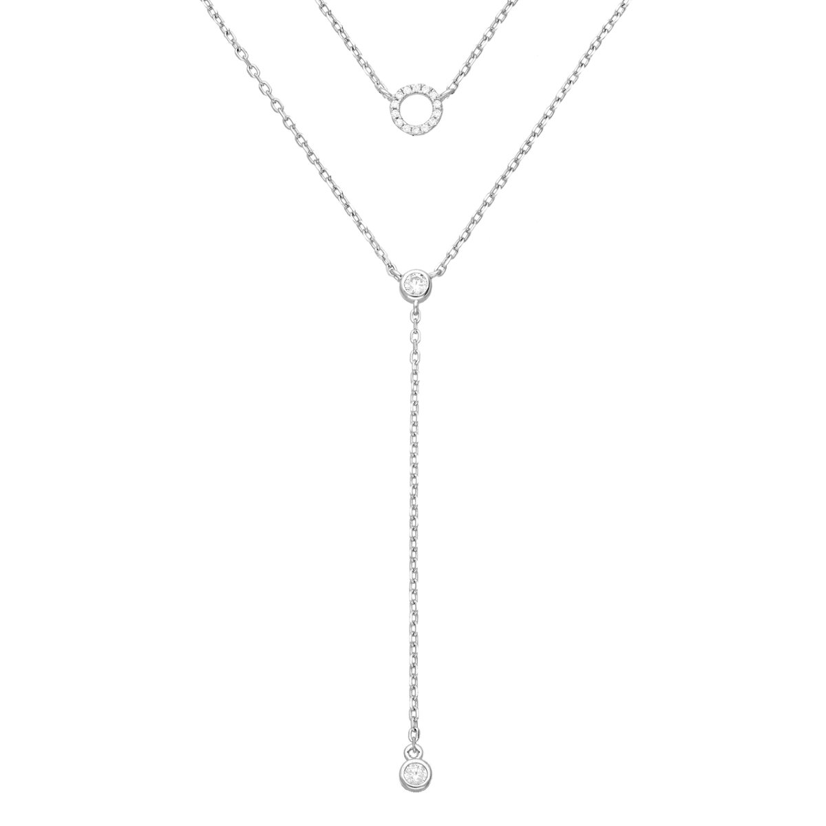 EAR IT UP - Ketting - Multilayer - Layerketting - Dubbel - Layer - Cirkel - Gerhodineerd zilver - Zirkonia - Pavé en kastzetting - 38,5 tot 43,5 cm - 1 stuk