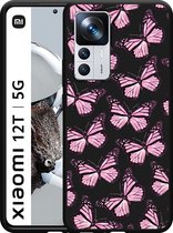 Xiaomi 12T / 12T Pro Hoesje Zwart Roze Vlinders - Designed by Cazy