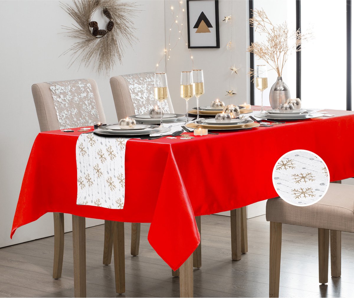 Atmosphera Tafelkleed/tafellaken rood polyester 140 x 240cm met kerst tafelloper