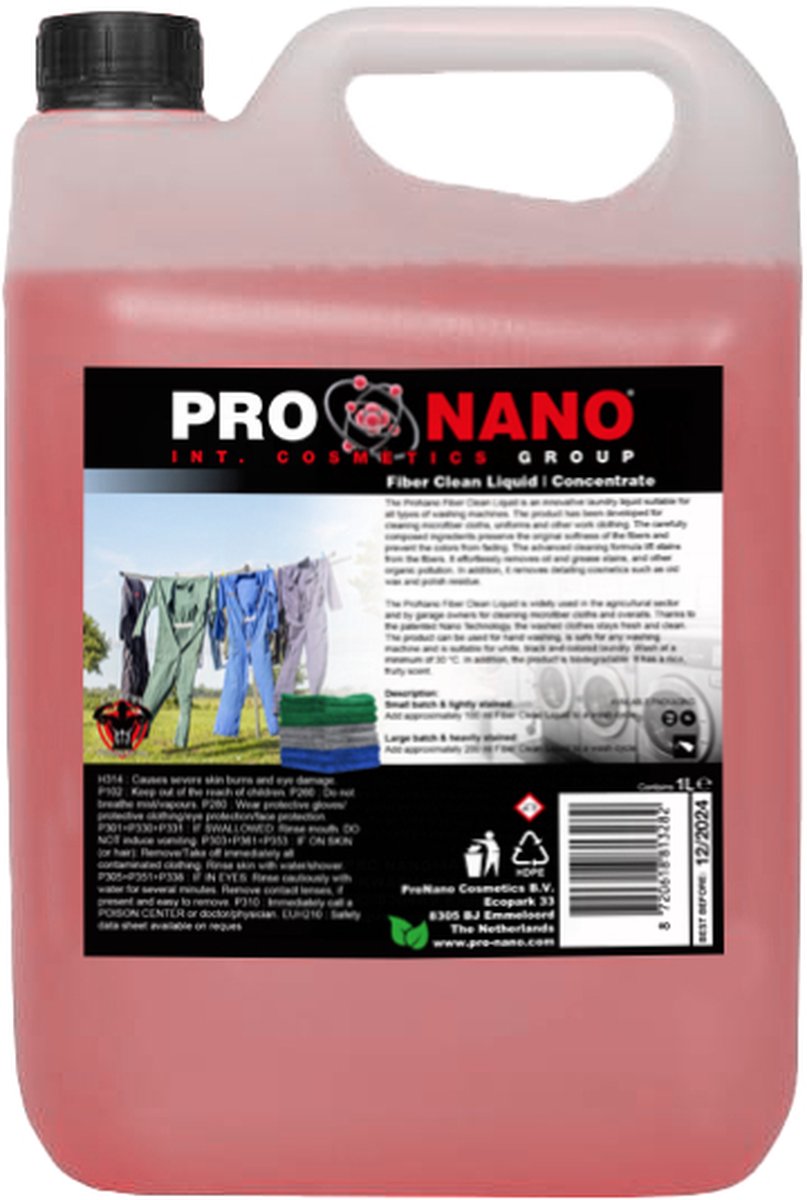 ProNano | Pro Nano Fiber Clean Liquid 5L | Een innovatief wasmiddel geschikt voor alle soorten wasmachines. Ontwikkeld voor het reinigen van microvezeldoeken, uniformen en andere werkkleding. olie- en vetvlekken en andere organische vervuilingen.