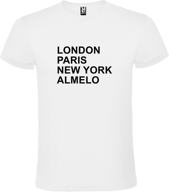 Wit T-shirt 'LONDON, PARIS, NEW YORK, ALMELO' Zwart Maat XS