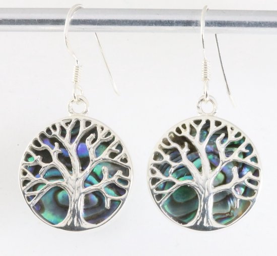 Boucles d'oreilles rondes en argent avec arbre de vie sur coquille d'ormeau