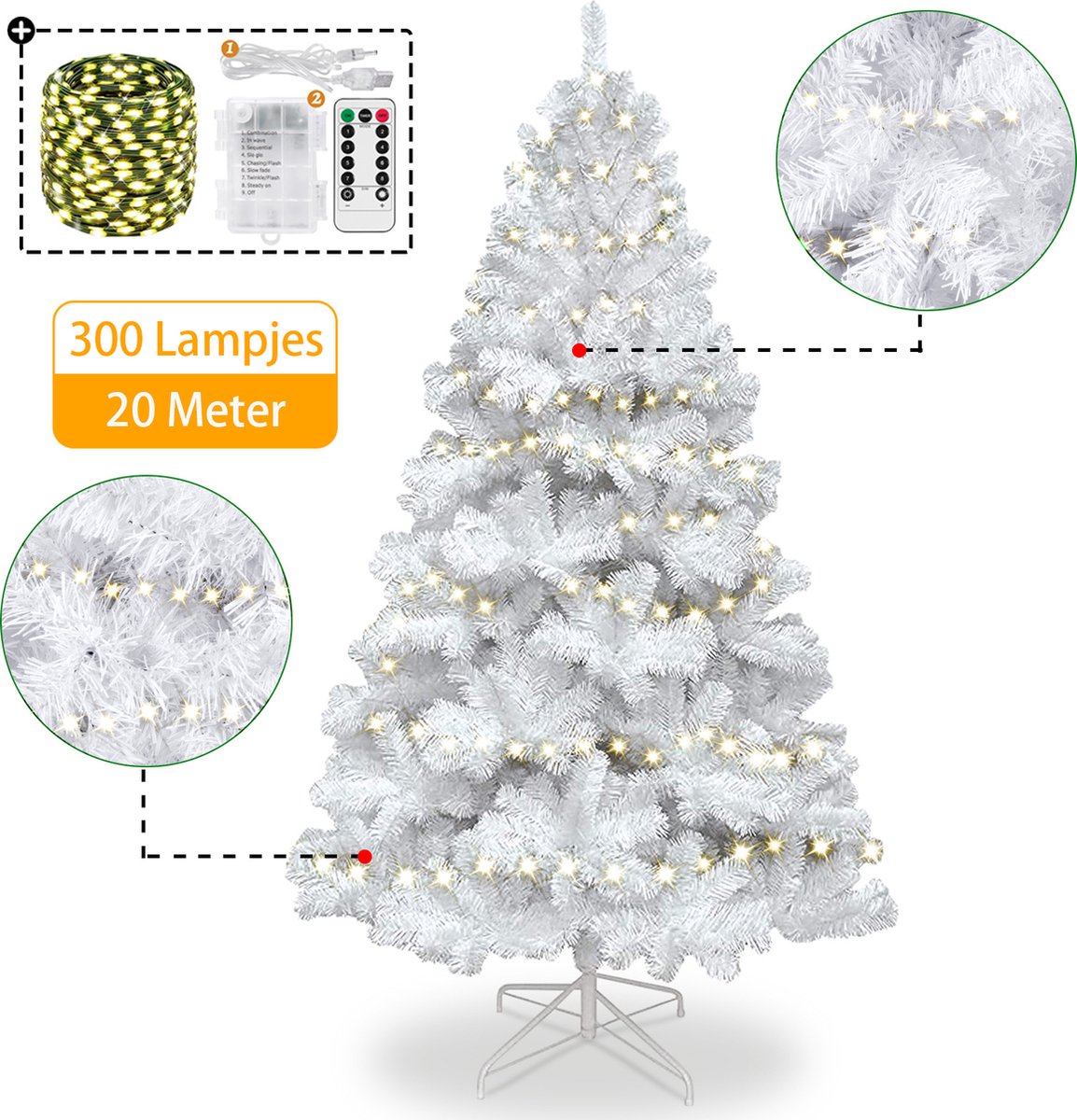Uten - kunstkerstbomen - 180cm - met led-verlichting - 600 Takken - Luxe uitvoering - 300 lampjes - Wit（pvc materiaal）